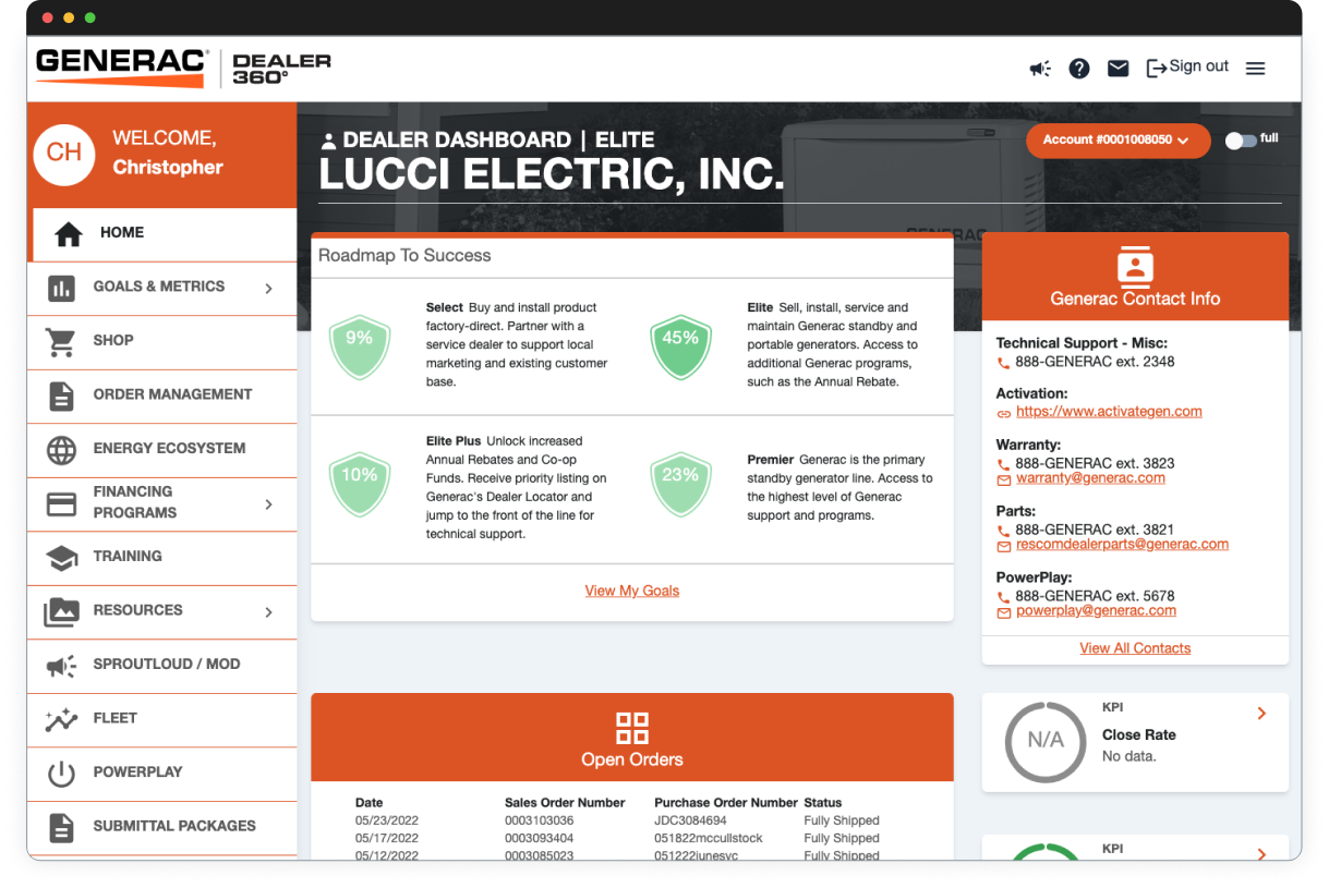 Generac Dealer 360 dashboard